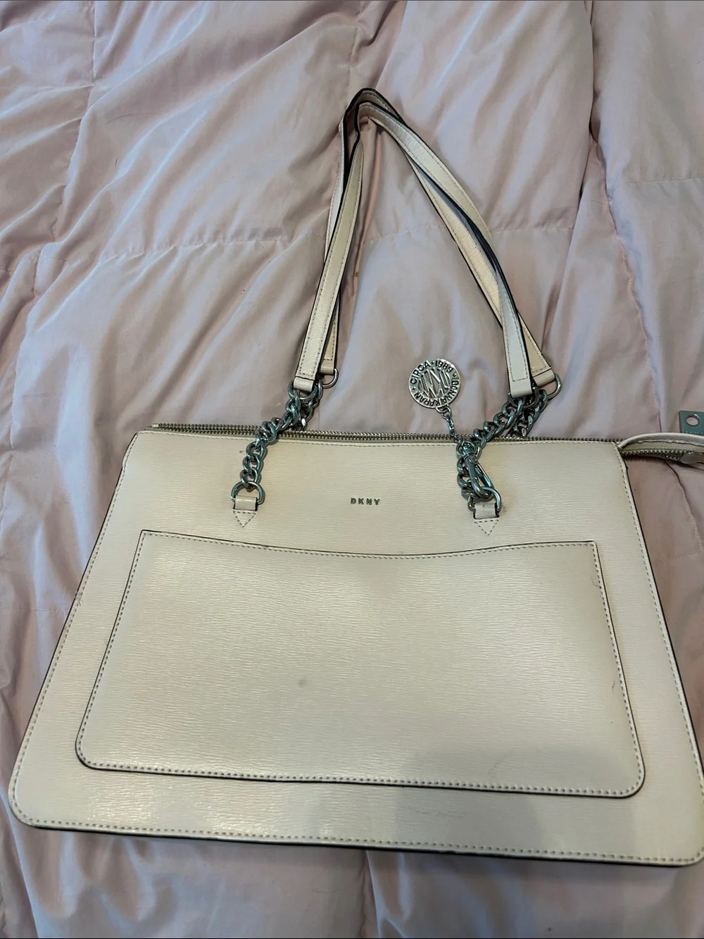 DKNY Cream Leather Tote with Chain-Trim Handles